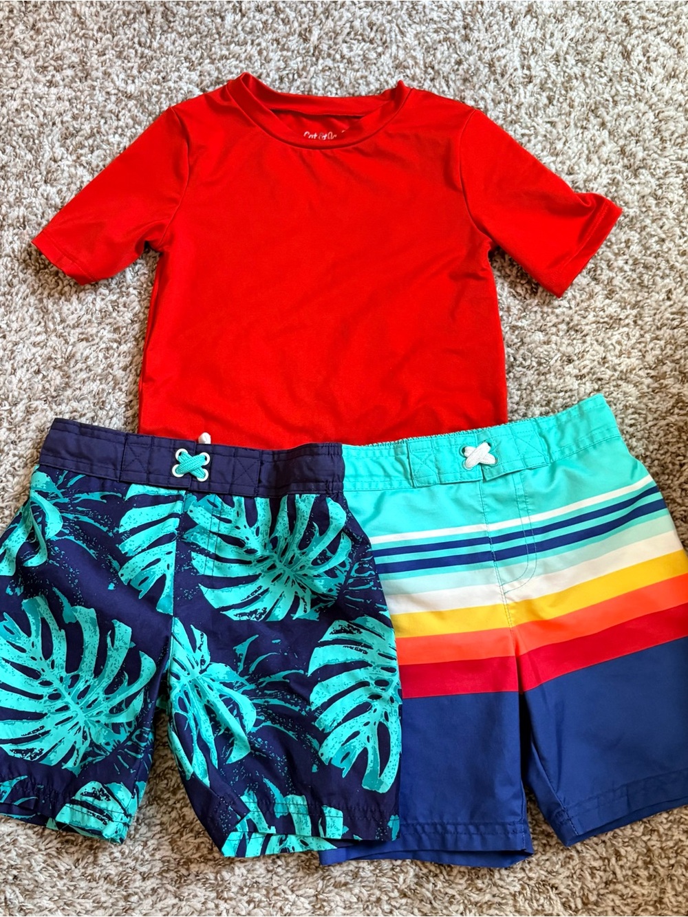 Cat & Jack Red Rash Guard with Blue and Teal Boys Swim Trunks